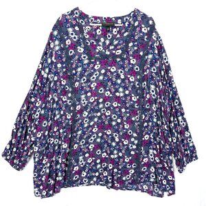 Lane Bryant Floral Split Neck Peasant Tunic Blouse Top Womens 26 28 P Blue Multi